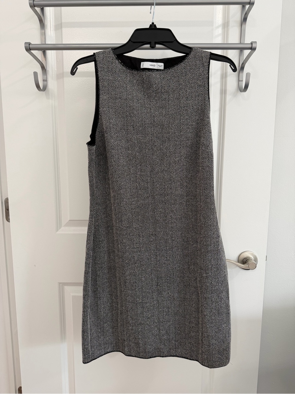 Mango Gray Herringbone Sleeveless Shift Dress with Black Trim